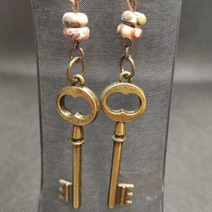 NEW - STEAMPUNK Handmade One-of-a-Kind Key Earrings Authentic Leopard Jasper
